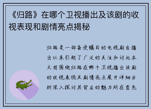《归路》在哪个卫视播出及该剧的收视表现和剧情亮点揭秘